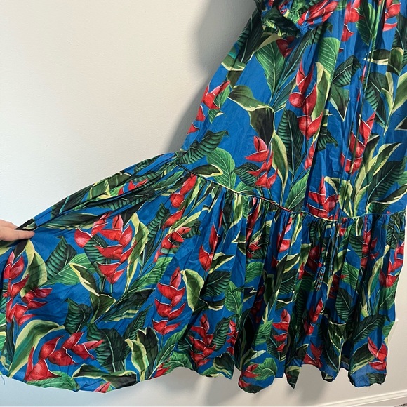 Farm Rio Dream Garden Tropical Puff Sleeve Beaded Tiered Midi Dress Small - Picture 6 of 13